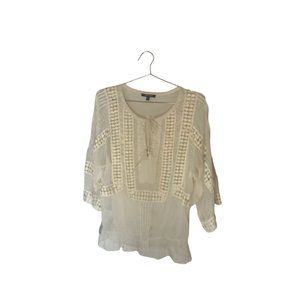 Daniel Rainn Cream Cottage Core Sheer 3/4-Sleeve Crochet Top Sz S